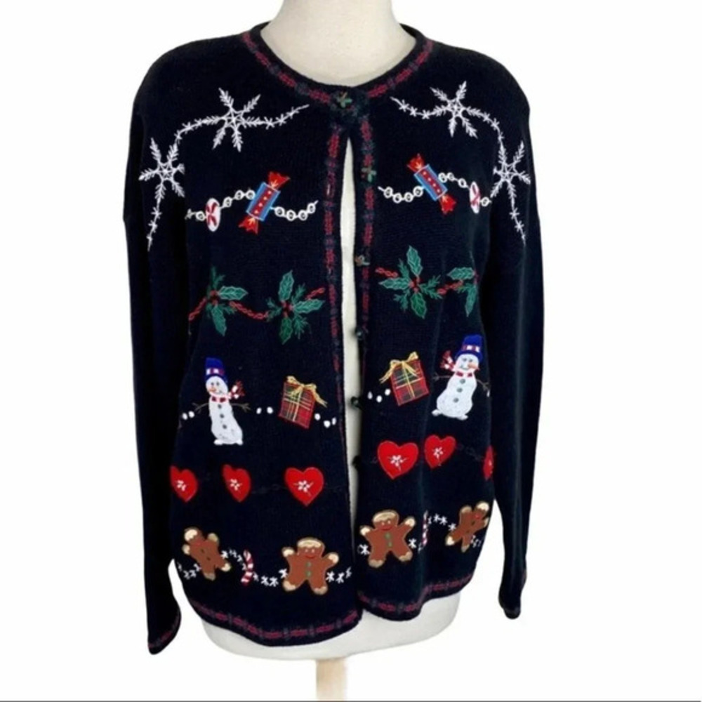 Vintage Tiara International L‎ black & multicolor embroidered Christmas cardigan